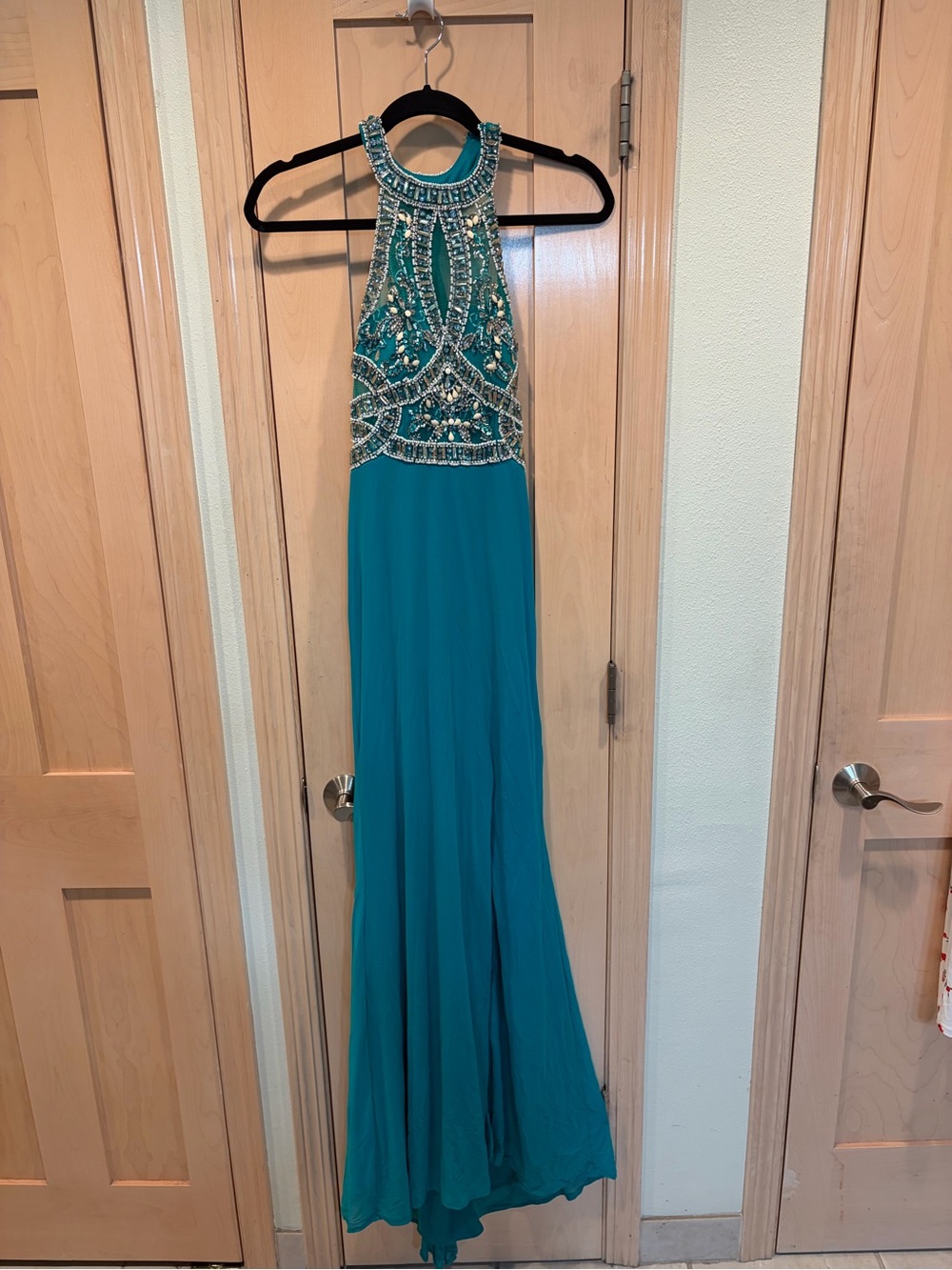 Dave & Johnny Teal Beaded Halter Prom Gown